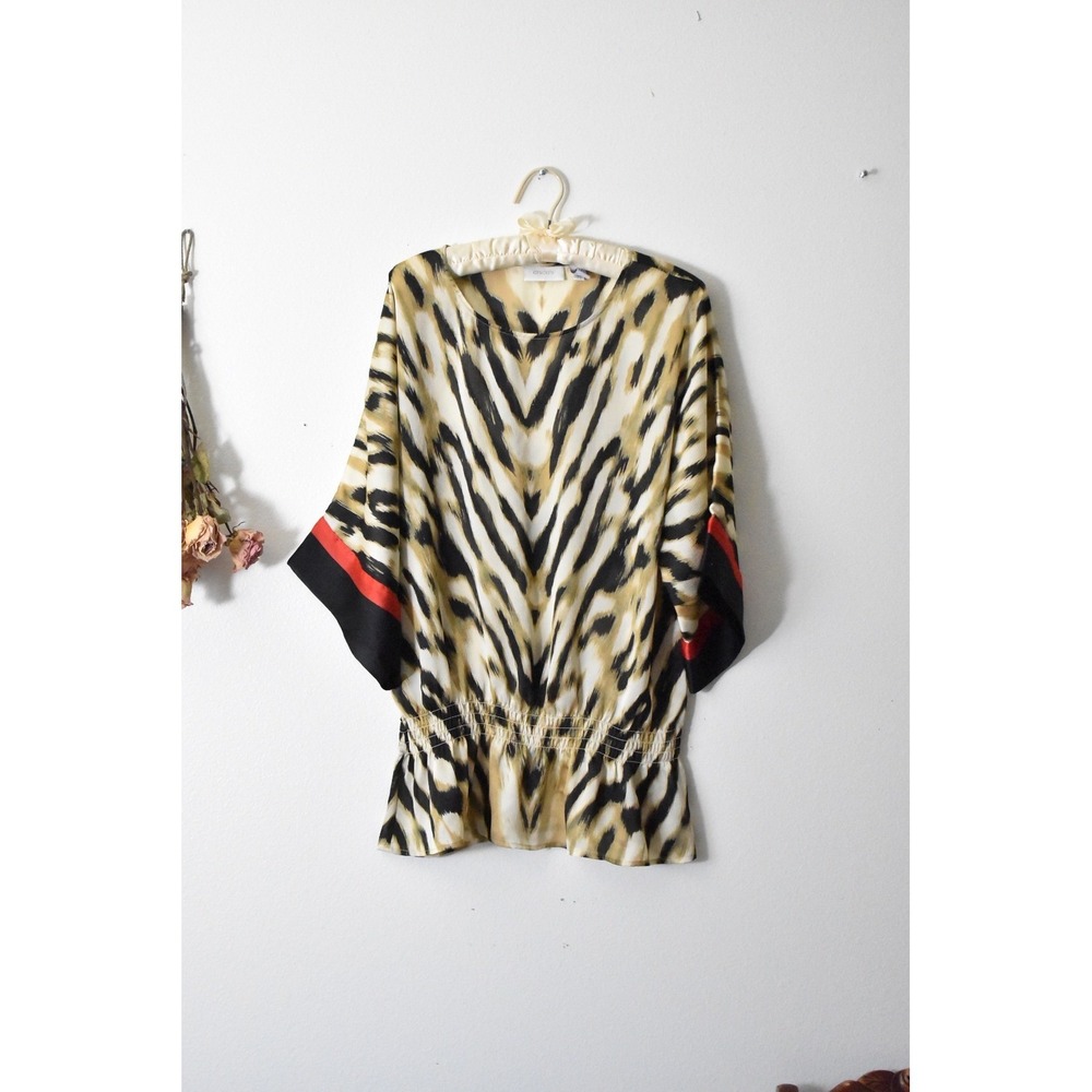 Chicos Animal Print Smocked Waist Blouse‎ Kimono Sleeve Tan Black Red Size 2 L